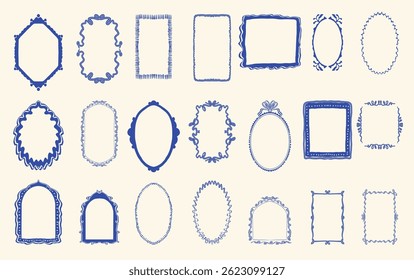  A stylish collection of decorative postage stamps and artistic frames featuring intricate blue patterns and elegant borders, perfect for creative projects and artistic designs.