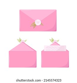 Stylish collection of different envelopes flat pictures for web design. Cartoon envelopes with mail, letters, stamps and handmade cards isolated vector illustrations. Post and mail service concept. Lo