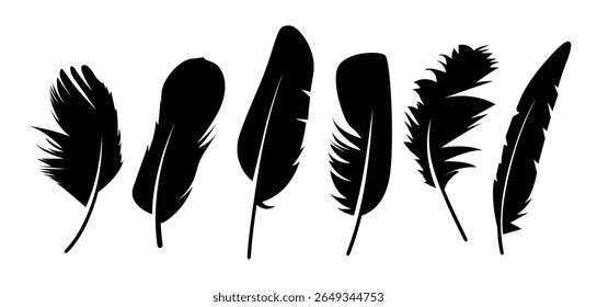 A stylish collection of elegant bird feather black silhouettes. Perfect plumelets for boho, tribal, or nature-inspired designs, tattoos, prints, logos, and decorative graphic projects.