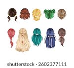 A stylish collection of female back-view hairstyle illustrations, featuring various hair colors and elegant styles. For beauty designs, hair salon branding, and digital avatars.