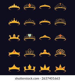 A stylish collection of flat tiaras, golden crowns, and royal accessories. Perfect for elegant cards, invitations, stickers, and princess-themed design