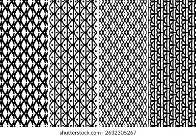 Coleção elegante de quatro padrões distintos geométricos preto branco sem costura ideal para impressão têxtil de moda e várias aplicações de design.