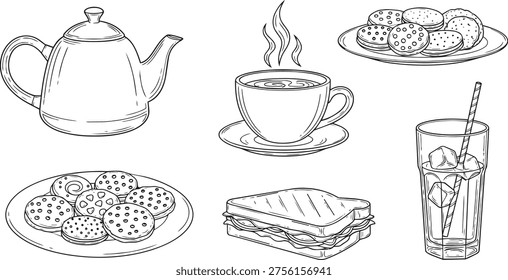A stylish collection of hand-drawn breakfast and beverage illustrations featuring a teapot, coffee cup, cookies, sandwich, and cold drink. Designed in a clean black and white minimal line art style, this modern vector set is perfect for café branding, menus, packaging, social media, and food-related design projects.