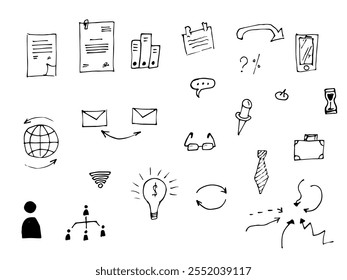 Stylish collection of hand-drawn business icons featuring documents, communication symbols, charts, office tools, light bulb ideas, and mobile phone elements. Perfect for presentations, infographics