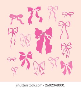 A stylish collection of hand-drawn pink bows in a delicate coquette and vintage style. Ideal for wedding invitations, stationery, branding, and digital or print designs.