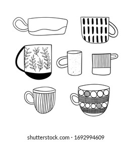 Stylish collection of handmade ceramics. Cute hand drawn cups and mugs doodle. Vector template design for logos, backgrounds, icons.