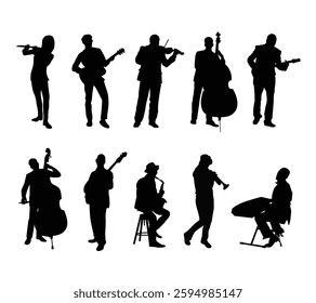 A stylish collection of jazz musician silhouettes, featuring artists playing instruments, for music festival posters, concert flyers, album covers, and jazz-themed designs