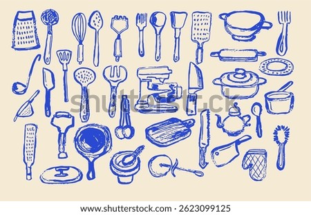 Stylish collection of kitchen utensil illustrations showcasing essential cooking tools, including spatulas, whisks, rolling pins, chef knives, frying pans, and teapots, designed for culinary.