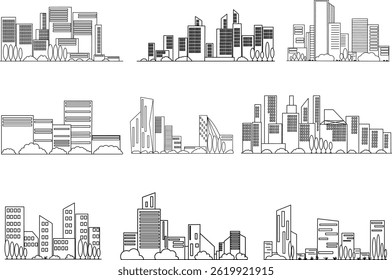 Uma coleção elegante de ilustrações em estilo de linha que mostram o panorama da capital e as paisagens urbanas. Perfeito para projetos de viagem, guias de cidade, temas de negócios e visuais arquitetônicos.
