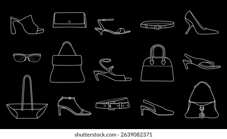 Stylish collection of line-drawn footwear and accessories on a black background, showcasing trends in fashion design and aesthetics. The collection represents contemporary fashion trends.