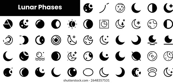 Uma coleção elegante de ícones da fase lunar que mostram várias formas e desenhos da lua, perfeito para entusiastas da astronomia e projetos criativos.