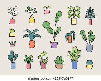 A stylish collection of potted plant illustrations in a minimal and modern flat design. Featuring a variety of houseplants, succulents, and tropical leaves, perfect for home decor, botanical designs, 