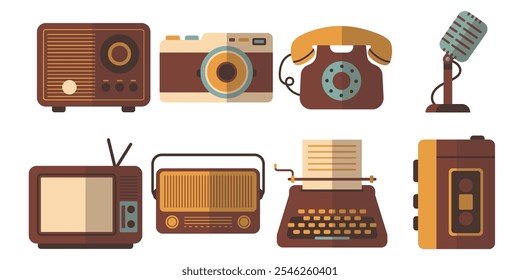 A stylish collection of retro gadgets, featuring typewriters, radios, vintage cameras, and microphones, designed in a nostalgic and elegant flat style.