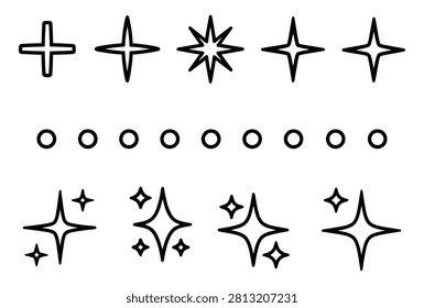 A stylish collection of sparkle, star, twinkle, and shine icons created in a clean outline vector style. This versatile icon set features elegant glitter effects, radiant stars, magical light accents, decorative sparkles, and minimalist geometric symbols perfect for branding, beauty products, social media graphics, web design, mobile applications, presentations, invitations, logos, packaging, and digital illustrations. Designed with smooth, scalable vector outlines, these decorative elements add a modern, elegant, and eye-catching touch to both print and digital creative projects.

#Sparkle #StarIcon #Twinkle #Shine #Glitter #Magic #LightEffect #OutlineIcons #MinimalDesign #VectorIcons #GraphicDesign #DecorativeElements #LuxuryDesign #BeautyBranding #WebDesign #SocialMedia #Illustration #ModernVector #EditableDesign #IconCollection