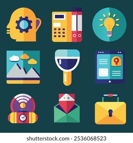 A stylish collection of trendy flat icons in vibrant colors. Includes various themes such as business, technology, lifestyle, and more. Perfect for websites, apps, and modern graphic projects.