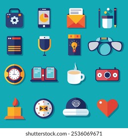 A stylish collection of trendy flat icons in vibrant colors. Includes various themes such as business, technology, lifestyle, and more. Perfect for websites, apps, and modern graphic projects.
