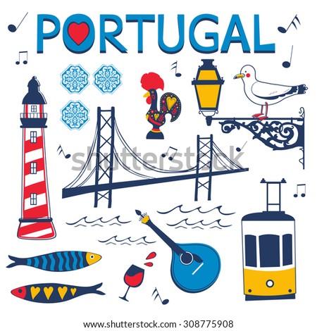 Stylish collection of typical Portuguese icons. Vector illustration