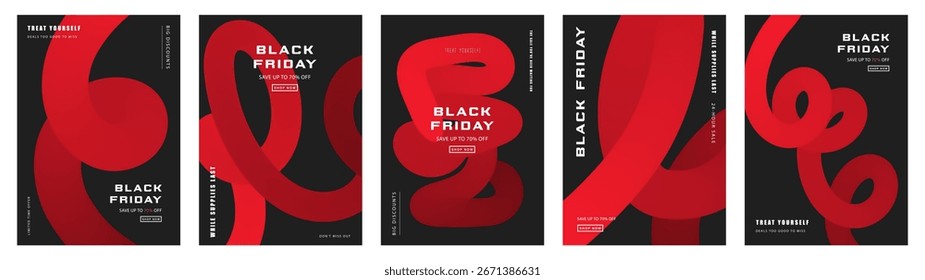 Elegante colección de Plantillas de Vertical para el Black Friday, con una figura fluida 3D roja sobre un fondo oscuro. El diseño minimalista pero dinámico es perfecto para atraer la atención durante las ventas
