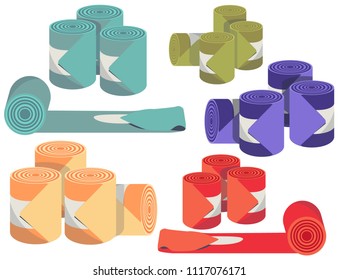 Stylish color set of Front buts, rear boots, bandages, wrappers, equestrian sport, equestrian ammunition. blue, purple, yellow, red, green. Modern vector flat design image isolated on white background