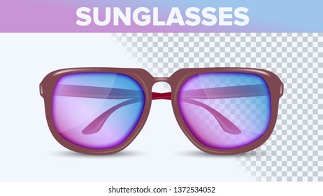 Stylish Color Sunglasses, Trendy Vector 3D Shades. Sunglasses With Purple Lens Isolated Clipart. Optics Store. Eyewear On Transparent Background. Sun Protection Accessories Realistic Illustration