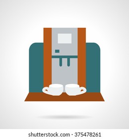 Stylish colored coffee machine with two white cups. Coffee making equipment for cafe, coffee shop, cafeteria. Vector icon flat color style. Web design element for site, mobile and business.