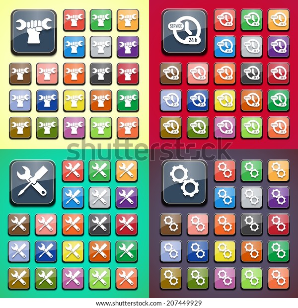 Stylish\
colored icons, service gear, key. Vector\
set.