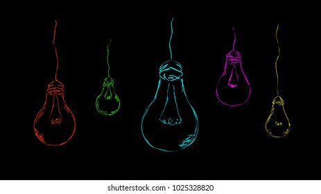 stylish, colored, painted light bulbs on a dark background for the interior, design, advertising, ideas, icons, web. vector sketch