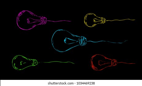 stylish, colored, painted light bulbs on a dark background for the interior, design, advertising, ideas, icons, web pages, screens, screensavers. vector sketch