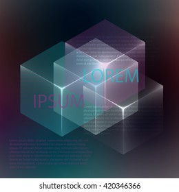 Stylish colorful background with 3d glowing cubes. Abstract background texture with blurred shapes and space for text or caption. Abstract background for apps, presentations or corporate use.