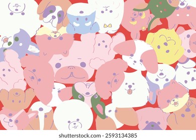 Stylish and colorful background with overlapping dog faces: Doodle, Toy Poodle, Chihuahua, Pomeranian, Shiba Inu