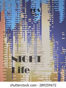 Stylish colorful background with random ink elements resembling buildings and night lights. Perfect for banners, booklets and web project. Nightlife noir imagery.