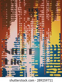 Stylish colorful background with random ink elements resembling buildings and night lights. Perfect for banners, booklets and web project. Nightlife noir imagery.