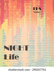 Stylish colorful background with random ink elements resembling buildings and night lights. Perfect for banners, booklets and web project. Nightlife noir imagery.