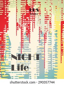 Stylish colorful background with random ink elements resembling buildings and night lights. Perfect for banners, booklets and web project. Nightlife noir imagery.