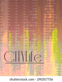 Stylish colorful background with random ink elements resembling buildings and night lights. Perfect for banners, booklets and web project. Nightlife noir imagery.