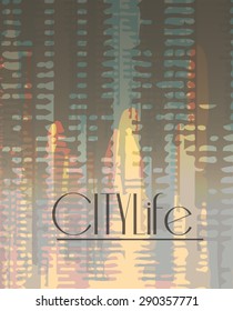 Stylish colorful background with random ink elements resembling buildings and night lights. Perfect for banners, booklets and web project. Nightlife noir imagery.