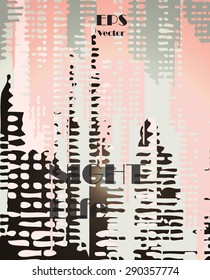 Stylish colorful background with random ink elements resembling buildings and night lights. Perfect for banners, booklets and web project. Nightlife noir imagery.