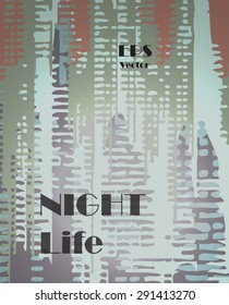 Stylish colorful background with random ink elements resembling buildings and night lights. Perfect for banners, booklets and web project. Nightlife noir imagery.