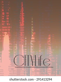 Stylish colorful background with random ink elements resembling buildings and night lights. Perfect for banners, booklets and web project. Nightlife noir imagery.