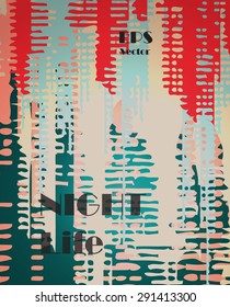 Stylish colorful background with random ink elements resembling buildings and night lights. Perfect for banners, booklets and web project. Nightlife noir imagery.