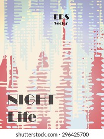 Stylish colorful background with random ink elements resembling buildings and night lights. Perfect for banners, booklets and web project. Nightlife noir imagery.