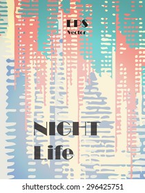 Stylish colorful background with random ink elements resembling buildings and night lights. Perfect for banners, booklets and web project. Nightlife noir imagery.