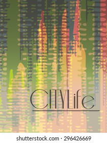 Stylish colorful background with random ink elements resembling buildings and night lights. Perfect for banners, booklets and web project. Nightlife noir imagery.