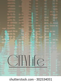 Stylish colorful background with random ink elements resembling buildings and night lights. Perfect for banners, booklets and web project. Nightlife noir imagery.