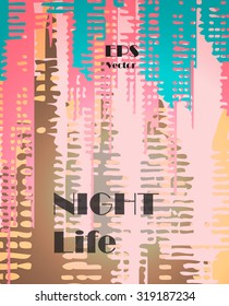Stylish colorful background with random ink elements resembling buildings and night lights. Perfect for banners, booklets and web project. Nightlife noir imagery.