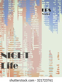 Stylish colorful background with random ink elements resembling buildings and night lights. Perfect for banners, booklets and web project. Nightlife noir imagery.