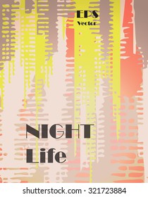 Stylish colorful background with random ink elements resembling buildings and night lights. Perfect for banners, booklets and web project. Nightlife noir imagery.
