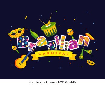 Stylish Colorful Brazilian Carnival Text with Mask, Feather and Music Instruments Decorated on Blue Background.