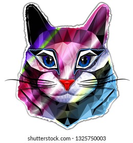 Stylish colorful bright cat in a low poly style. Animal print for t-shirts. Cat's head. Brutal print.A paper cat with ragged edges and shadow. Modern design. vector