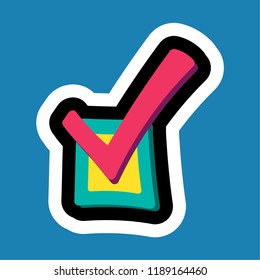 Stylish colorful cartoon business sticker with checkbox as startup symbol. Time management insignia. Task management icon. Vector